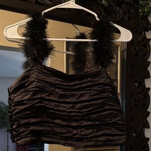 Chic Black Ruched Crop Top with Feather Straps